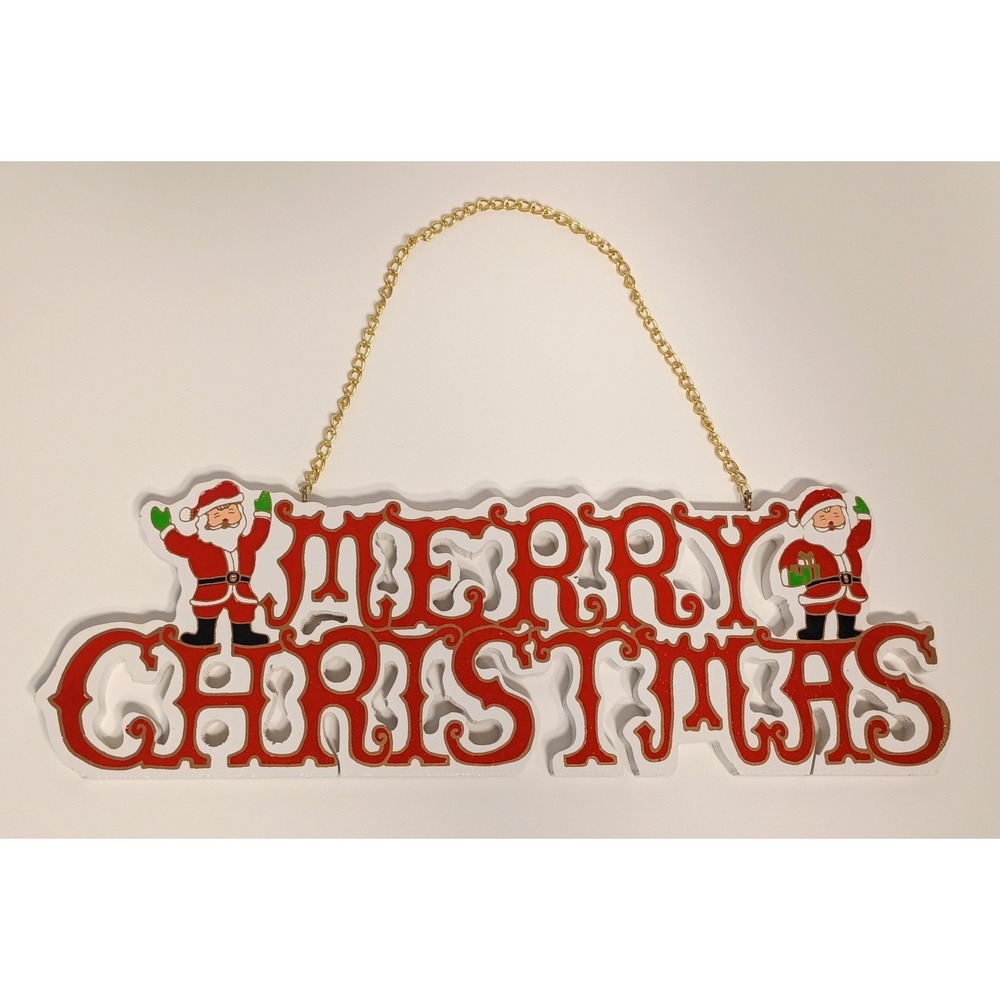 Vtg Kitschy Santa Merry Christmas Sign Wood Holiday Wall Decor 12.5" Traditional